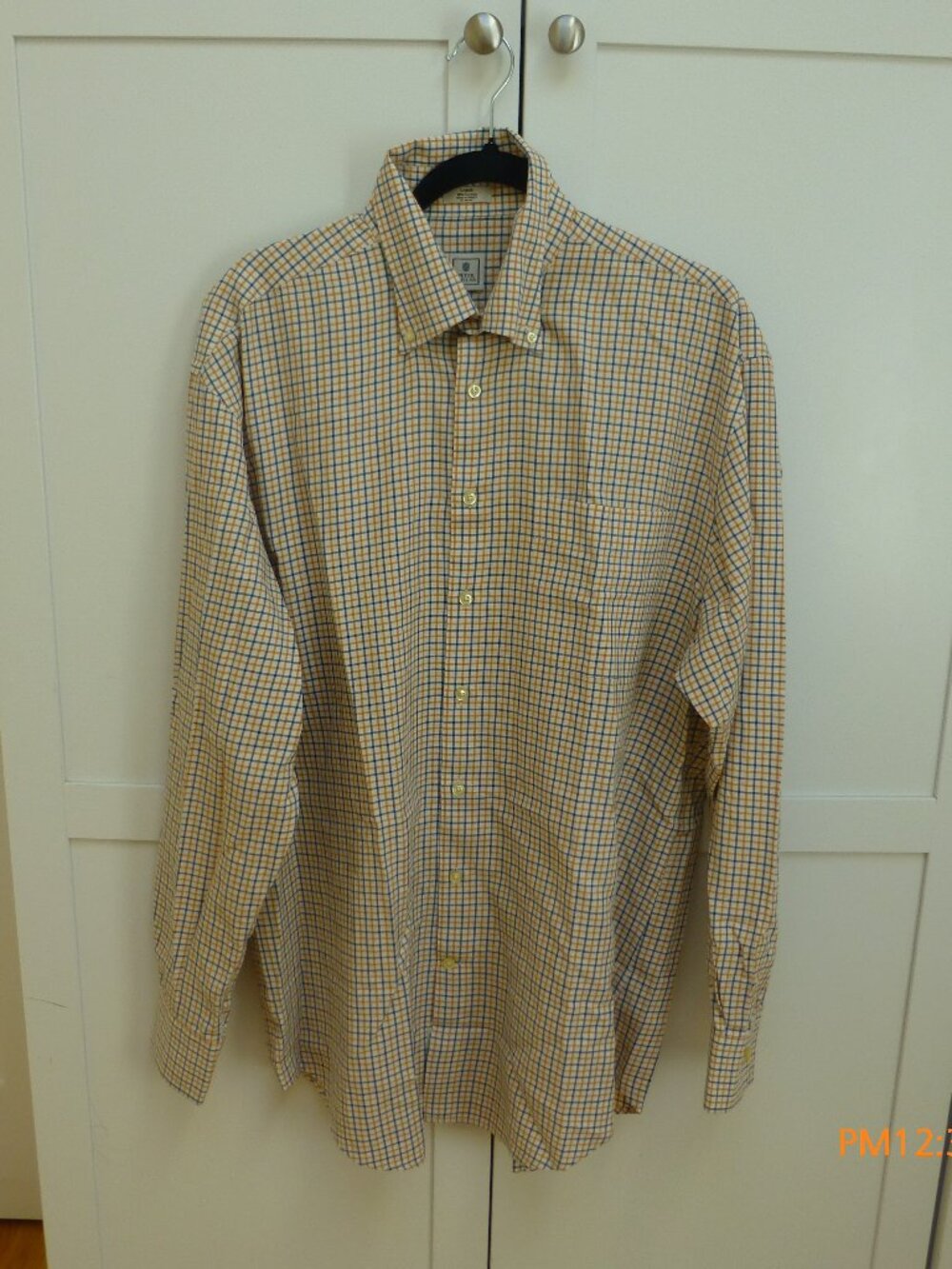 Peter Millar 100% Cotton Men Large Blue Orange Checkered Plaid Long Sleeve Shirt